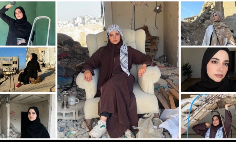 الناشطة بسمة أبو شهلا خلال تغطيتها الميدانية ونقلها للقصص الإنسانية من قلب الحدث في غزة.